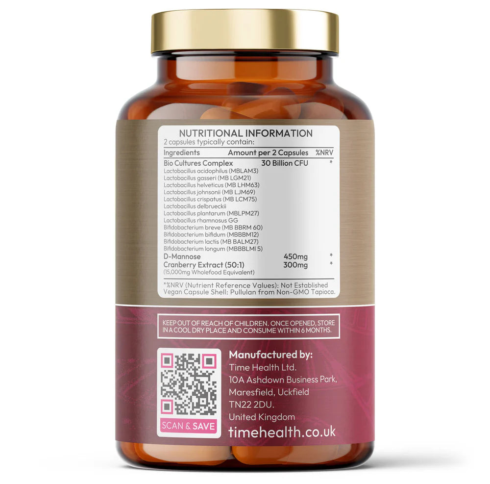 Flore intime – Microbiome vaginal et soutien aux infections urinaires – Probiotiques, canneberge, D-Mannose