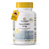 Spermidin 6 mg kosttilskudd i hvit beholder med gul lokk, merket med "Made in Germany" og innhold på 120 kapsler.