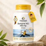 Betaine HCl 650 mg kapsler i en hvit beholder med gult lokk, etikett med detaljer om produkt og opprinnelse.