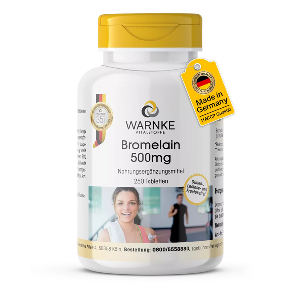 Bromelain 500 mg kosttilskudd, 250 tabletter, vegansk med hvit flaske og gult lokk, tydelig etikett med produktinformasjon.