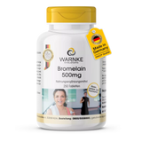Bromelain 500 mg kosttilskudd, 250 tabletter, vegansk med hvit flaske og gult lokk, tydelig etikett med produktinformasjon.