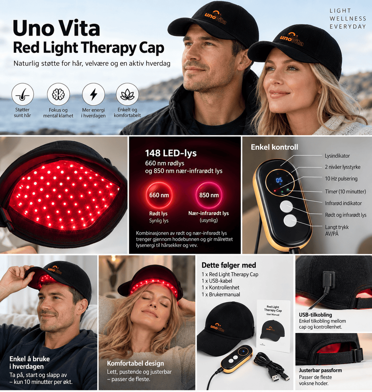 Uno Vita Red Light Therapy Cap (148 LED'er, 660/850 nm)