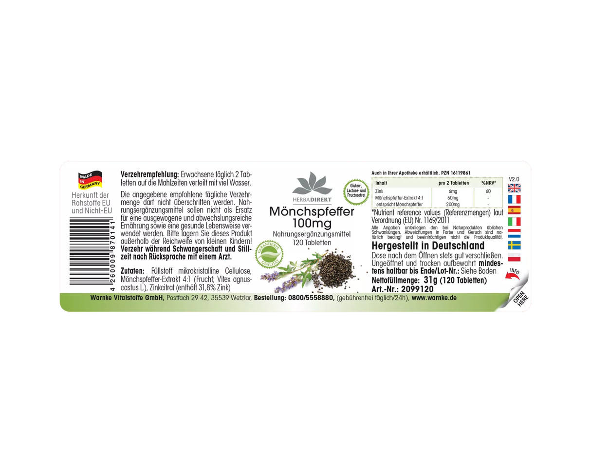 Munkpepper 100 mg, 120 veganske tabletter med mørk emballasje og grønn dekor, fremhever ingredienser og bruksanvisning.