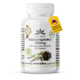 Munkpepper 100 mg kosttilskudd i hvit beholder med grønn etikett, inneholder 120 lettsvelgelige tabletter.