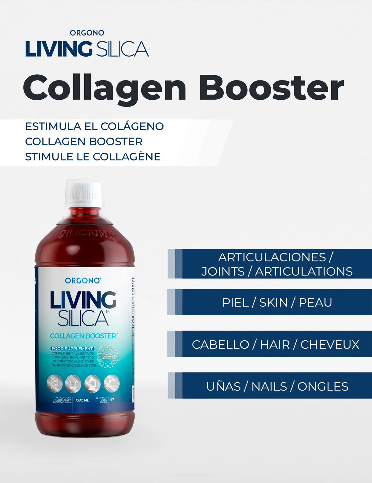 LIVING SILICA® Collagen Booster i en 1000 ml flaske, rød med blå detaljer, viser silisium-tilskudd for hud, hår og negler.