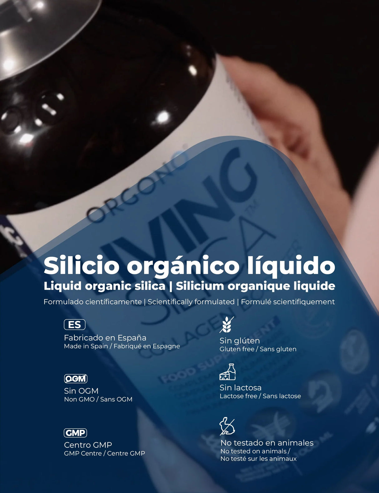 LIVING SILICA® Collagen Booster, 1000 ml flaske med svart matte overflate, vegansk og glutenfri formulering.