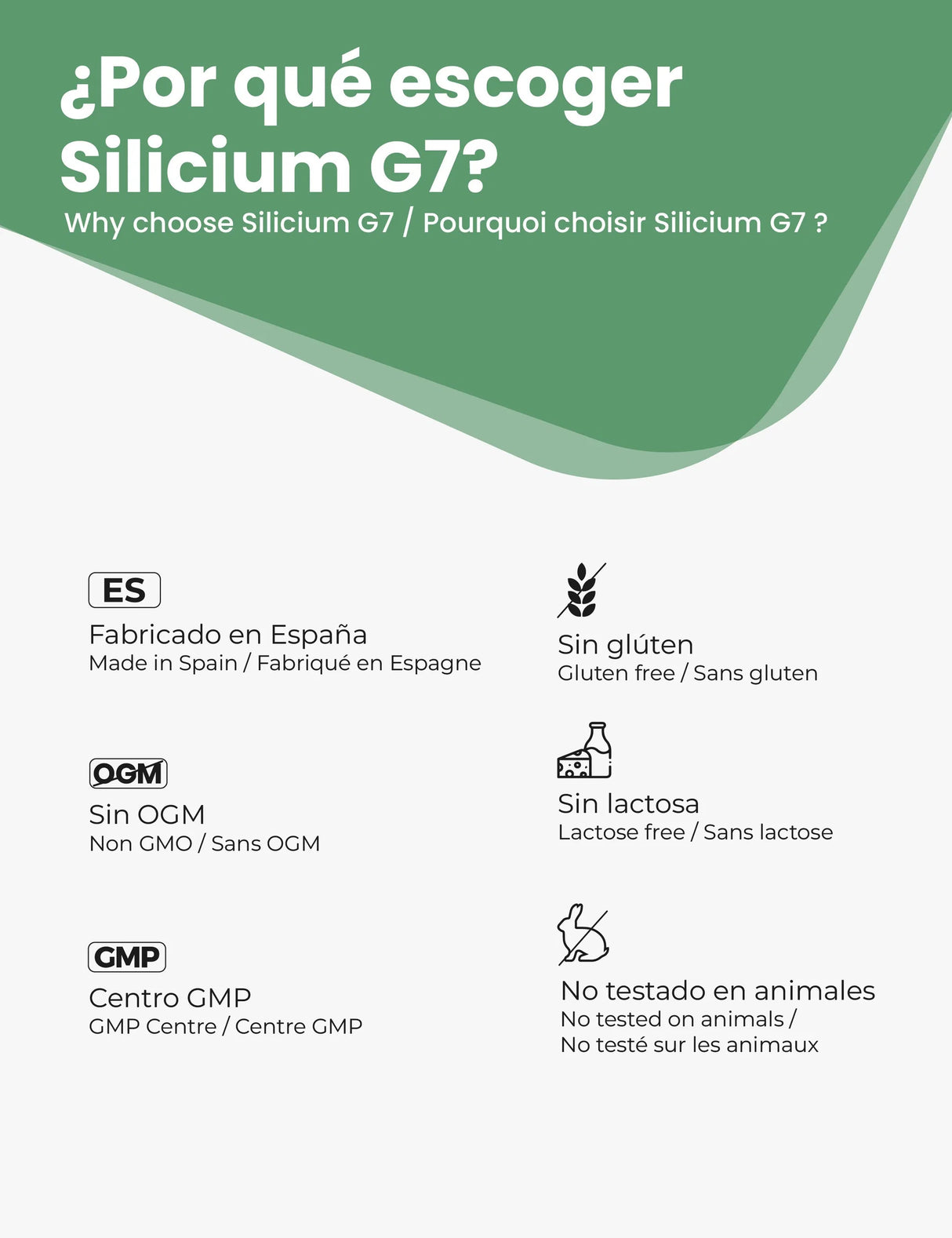 Grønn bakgrunn med hvit tekst, inneholder informasjon om Silicium G7, produsert i Spania, gluten- og laktosefritt.