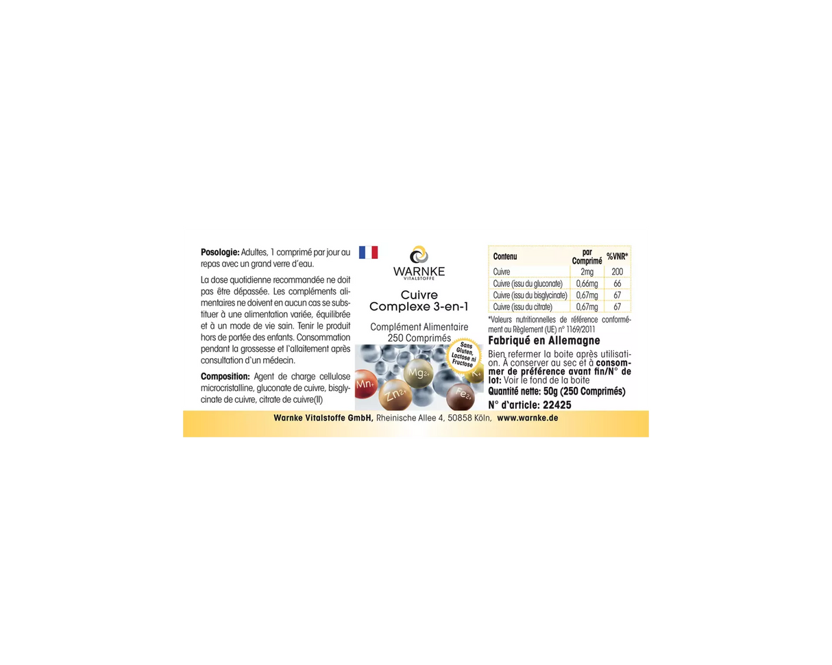 Kobber 3-kompleks tabletter, 250 stk, hver med 2 mg kobber, vegansk, uten kunstige tilsetningsstoffer.