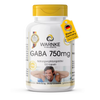 GABA 750 mg i hvit beholder med gulttopp, inneholder 100 veganske kapsler med 750 mg gamma-aminosmørsyre per kapsel.