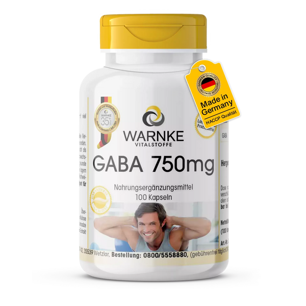 GABA 750 mg i hvit beholder med gulttopp, inneholder 100 veganske kapsler med 750 mg gamma-aminosmørsyre per kapsel.
