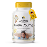 GABA 750 mg i hvit beholder med gulttopp, inneholder 100 veganske kapsler med 750 mg gamma-aminosmørsyre per kapsel.