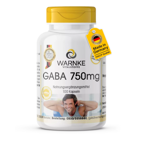 GABA 750 mg i hvit beholder med gulttopp, inneholder 100 veganske kapsler med 750 mg gamma-aminosmørsyre per kapsel.