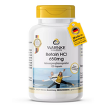 Kapselbeholder med gult lokk, merket "Betaine HCI 650 mg", inneholder 120 veganske kapsler.