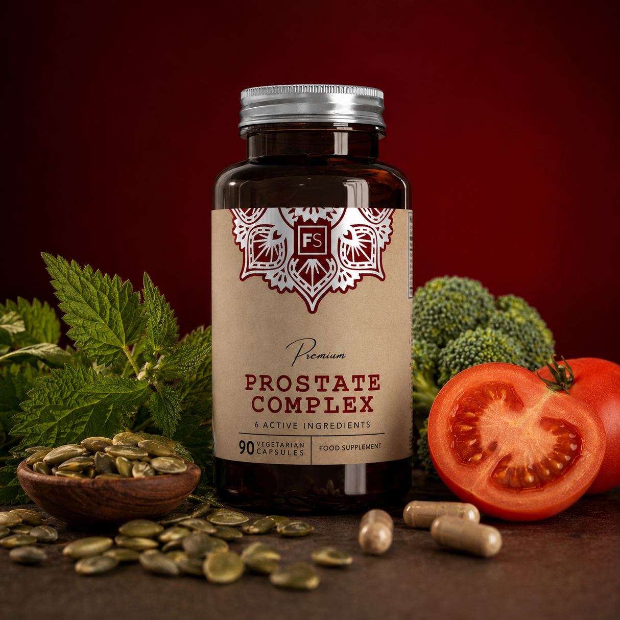 Prostate Complex kosttilskudd med 90 vegetarkapsler, omringet av gresskarfrø, nesleblad, brokkoli og tomat.
