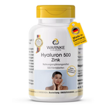 Hyaluron 500 + Zinc, white bottle with yellow lid, contains 100 film-coated tablets. Design with woman touching face.