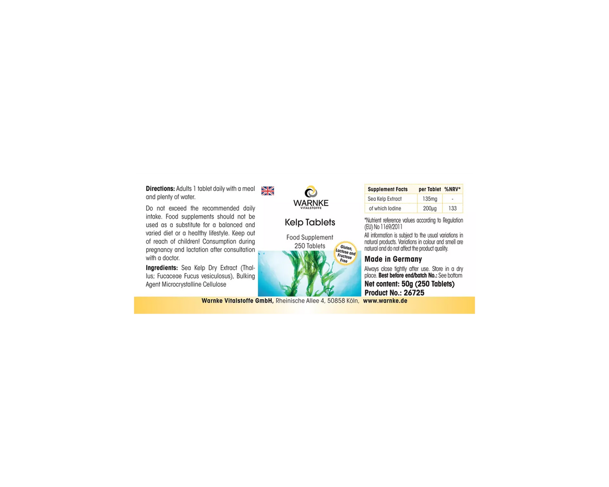 Kelp-tabletter, 250 tabletter, med grønalgeekstrakt og hvid baggrund, klar tekst med informationsdetaljer.