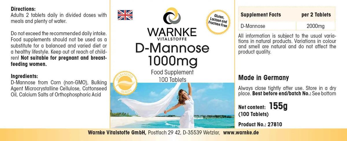 D-Mannose 1000 mg tabletter i pakke med 100, veganske, med hvidt og blåt design, klar dosering.