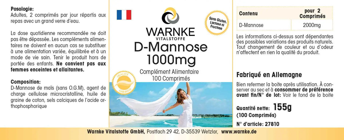 D-Mannose 1000 mg tabletter pakket i en hvid æske med havudsigt, indeholder 100 veganske tabletter.