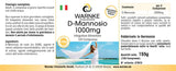 D-Mannose 1000 mg, 100 veganske tabletter, med blå baggrund og produktinformation på hvid emballage.
