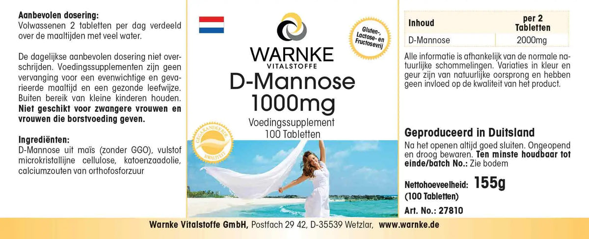 D-Mannose 1000 mg tabletter i en æske med 100 tabletter, i lyst design med detaljer om ingredienser og anbefalet brug.