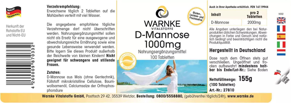 D-Mannose 1000mg tabletter, 100 stk. Emballage med tydelig mærkning og beskrivelser, fremstillet i Tyskland.