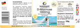 D-Mannose 1000mg tabletter, 100 stk. Emballage med tydelig mærkning og beskrivelser, fremstillet i Tyskland.