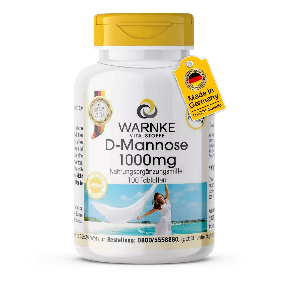 D-Mannose 1000 mg tabletter i en hvid flaske med gul låg, indeholder 100 veganske tabletter.