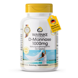 D-Mannose 1000 mg tabletter i en hvid flaske med gul låg, indeholder 100 veganske tabletter.