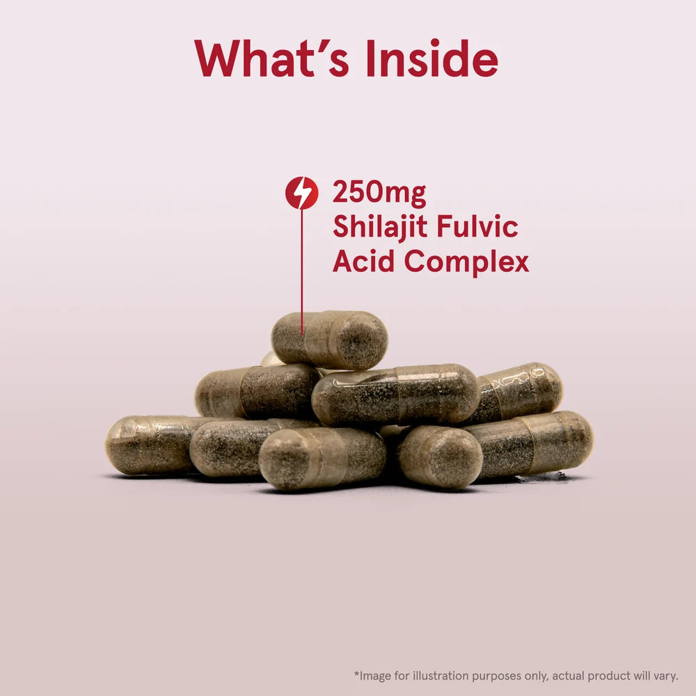 Cápsulas de 250 mg de Shilajit Fulvic Acid Complex en funda transparente, apiladas sobre un fondo claro.