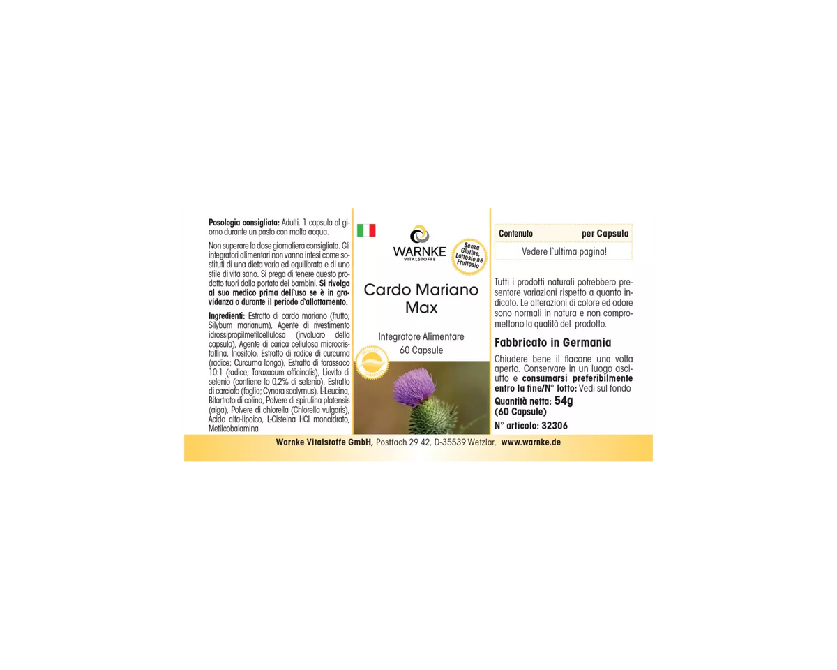 Les capsules Mariendistel Max, végétaliennes, avec une étiquette verte et violette, sont alignées sur un fond blanc. Contenu : 60 gélules.
