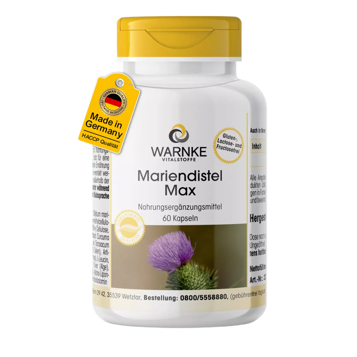 Capsules de chardon-Marie Max avec capuchon et étiquette jaunes, indiquant le nom du produit, la quantité et une fleur à gauche.