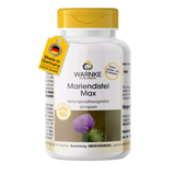 Capsules de chardon-Marie Max avec capuchon et étiquette jaunes, indiquant le nom du produit, la quantité et une fleur à gauche.