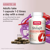 Cápsulas veganas con Shilajit Fulvic Acid Complex en frasco. Las cápsulas son de color marrón y ovaladas, con un diámetro de 21,7 mm.