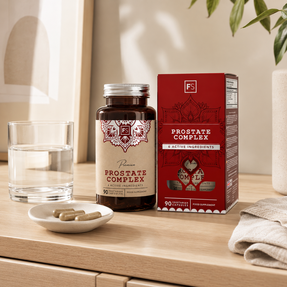 Prostate Complex med et brunt glassflaske og rød pakke, tre vegetabilske kapsler på en tallerken. Glass med vann ved siden av.