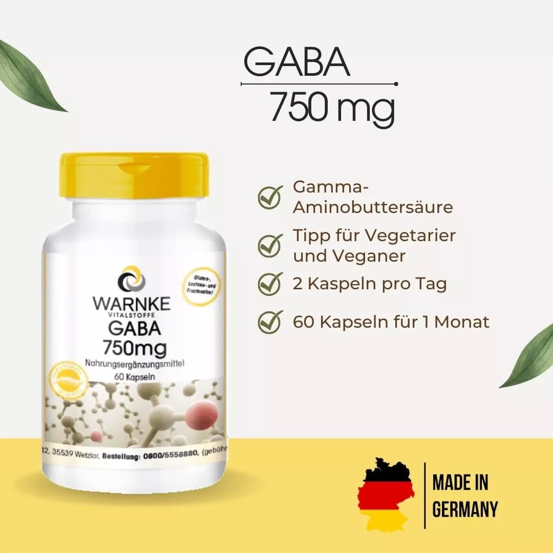 GABA 750 mg kapsler i hvit beholder med gult lokk, 60 kapsler, vegansk, produsert i Tyskland.