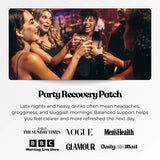 Well-being patch for a party, used by several people toasting drinks. Discreet plaster visible on the wrist.