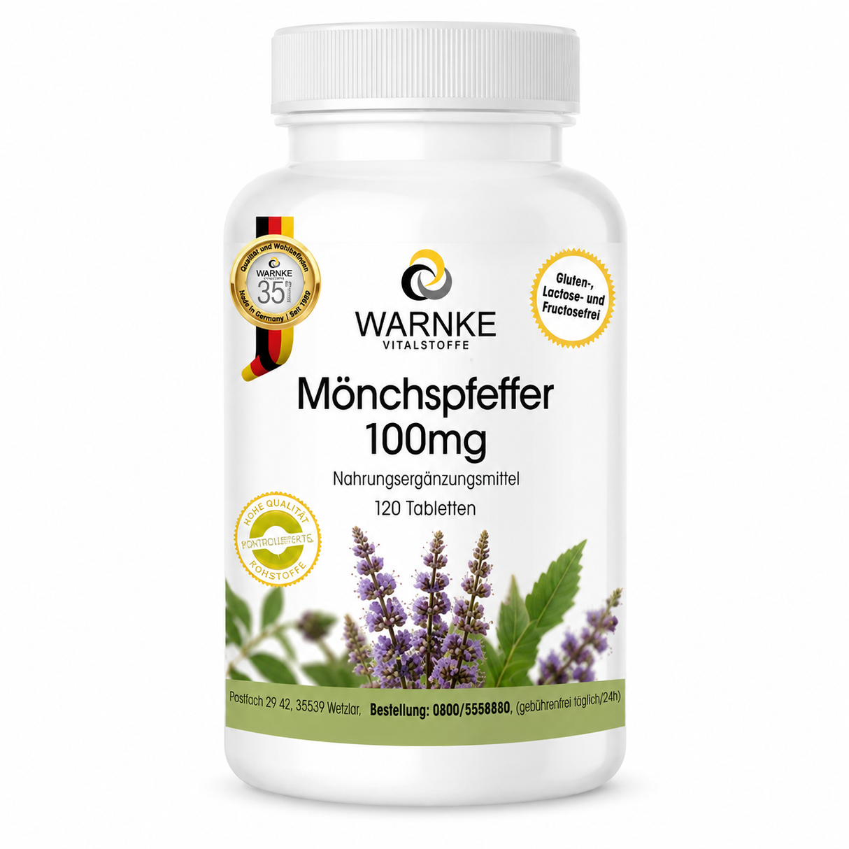 Hvit flaske med skrulokk, merket "Munkpepper 100mg" fra Warnke, med bilder av lilla blomster og grønne blader.