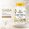 GABA 750 mg kapsler i en hvit beholder med gult lokk, inneholder 100 veganske kapsler.