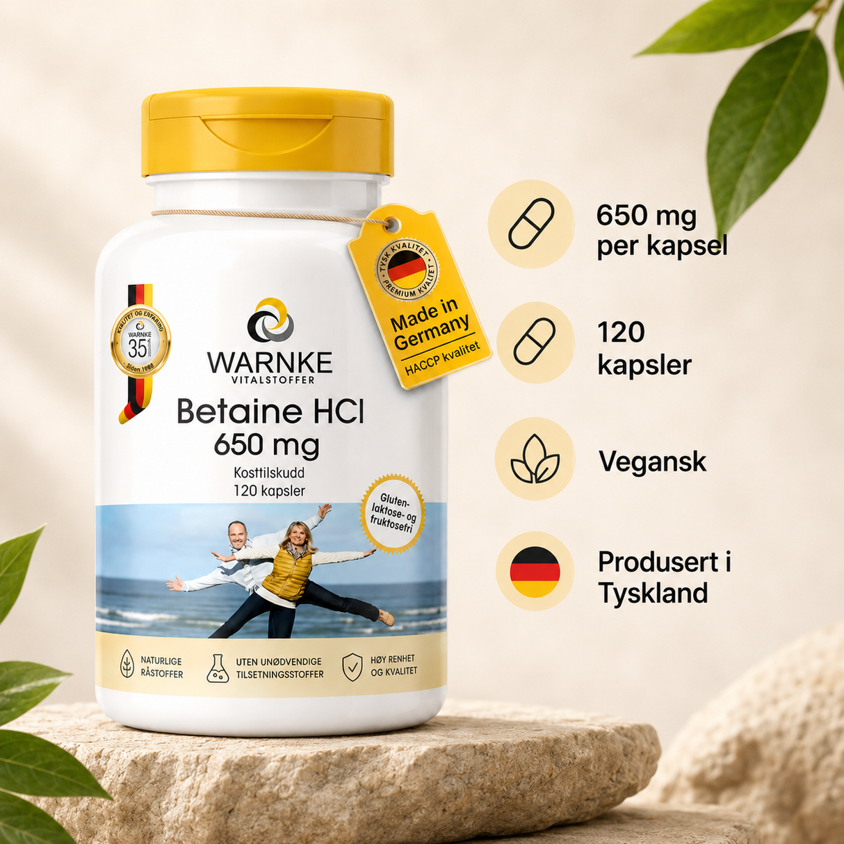 Betaine HCl 650 mg kapsler i hvit beholder med gulttopp, merket vegansk, produsert i Tyskland med 120 kapsler.