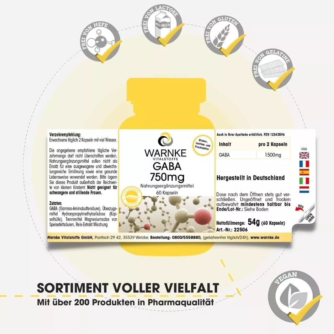 GABA 750 mg kapsler i en gul beholder med flip-top-lokk, inneholder 100 kapsler med vegansk formulering.