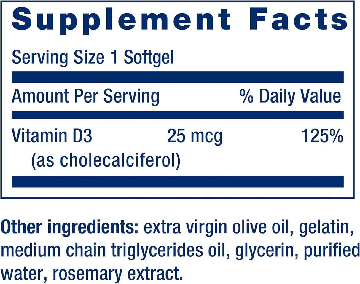 Vitamina D3 - 25 mcg (1000 UI, 250 Softgels)