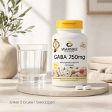 GABA 750 mg kapsler i hvit emballasje med gultt lokk, plassert ved et glass med vann og en steinplate.
