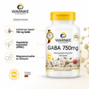 GABA 750 mg kapsler i en hvit beholder med gult lokk, 100 kapsler, tydelig dekorert med informasjon om produktet.