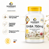 GABA 750 mg kapsler i en hvit beholder med gult lokk, 100 kapsler, tydelig dekorert med informasjon om produktet.