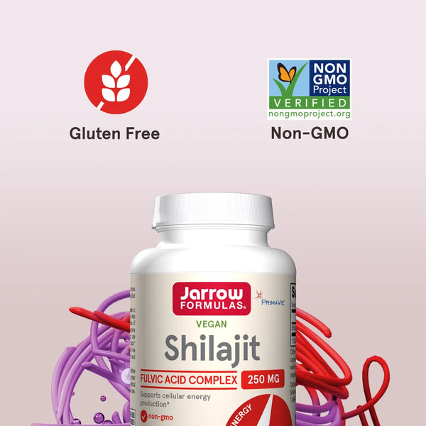 Vegan Shilajit Fulvic Acid Complex 250 mg cápsulas en frasco blanco, con etiquetado sin gluten y sin OGM.