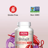 Vegan Shilajit Fulvic Acid Complex 250 mg cápsulas en frasco blanco, con etiquetado sin gluten y sin OGM.