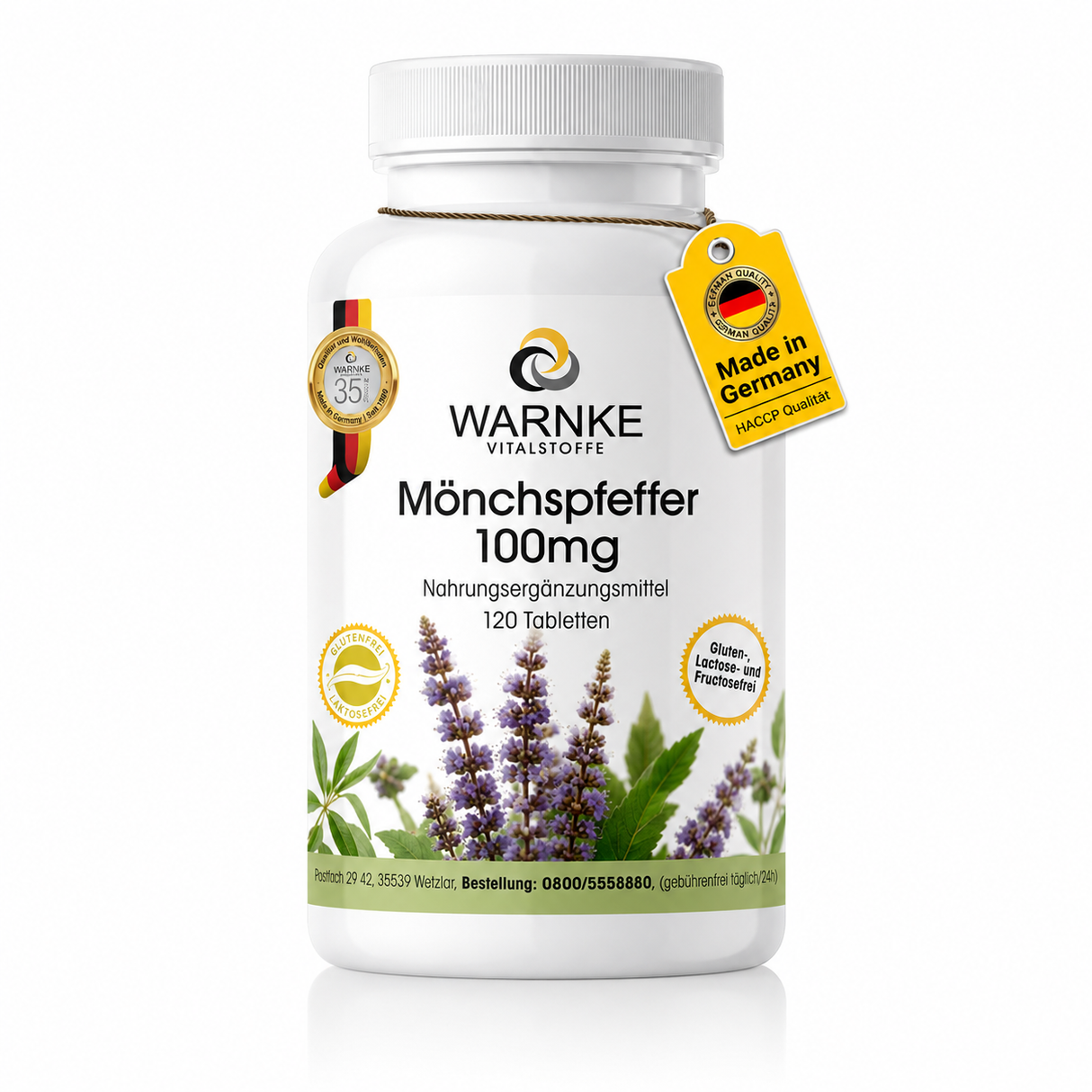 Kosttilskudd med munkpepper 100 mg og sink, i en hvit flaske med grønne planter og tekst. 120 veganske tabletter.