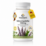 Kosttilskudd med munkpepper 100 mg og sink, i en hvit flaske med grønne planter og tekst. 120 veganske tabletter.