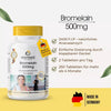 Bromelain 500 mg kosttilskudd i hvit flaske med gult lokk, inneholder 250 veganske tabletter med ananasenzym.