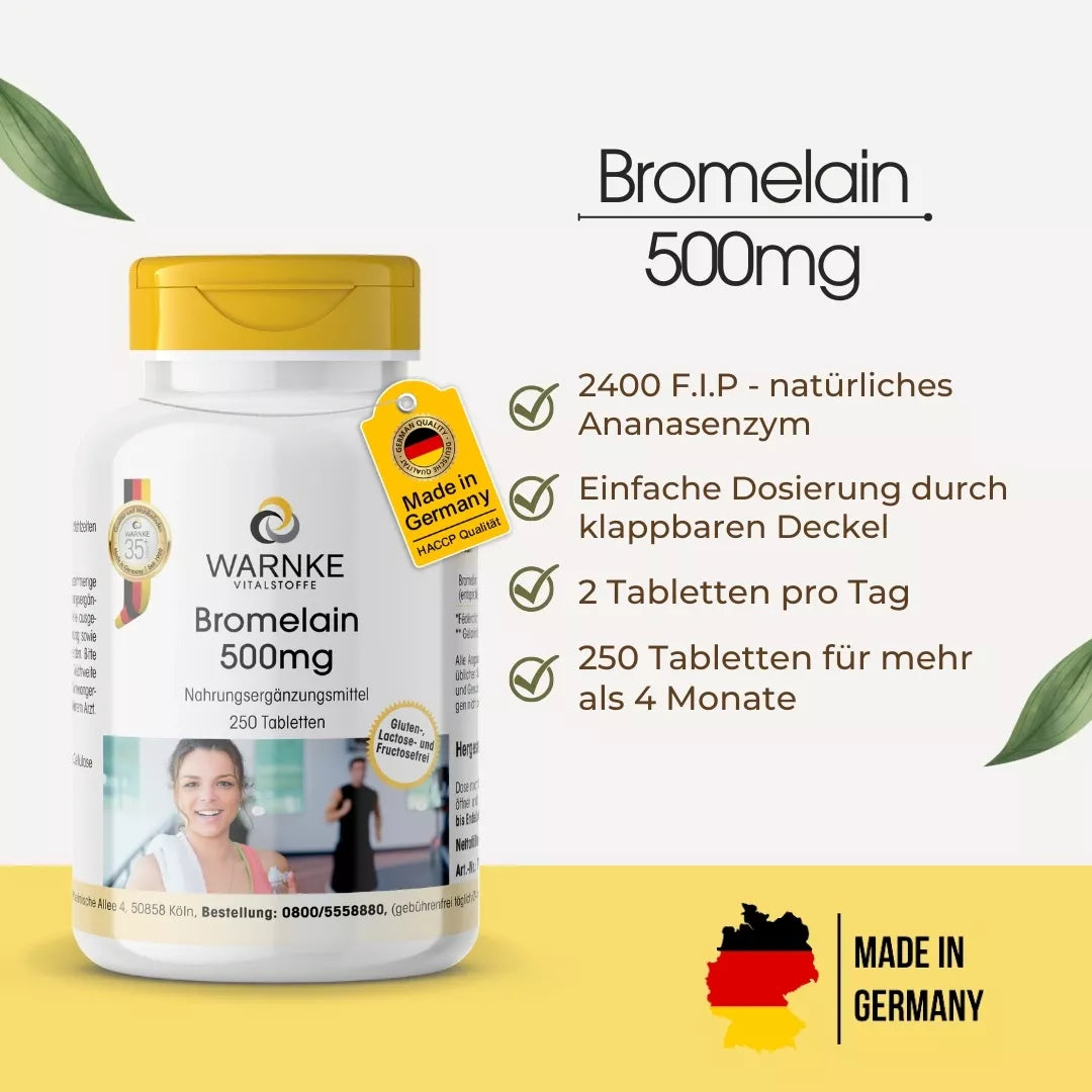 Bromelain 500 mg kosttilskudd i hvit flaske med gult lokk, inneholder 250 veganske tabletter med ananasenzym.
